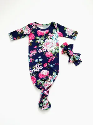 Navy Floral Newborn Knotted Gown Coming Home Outfit Girl