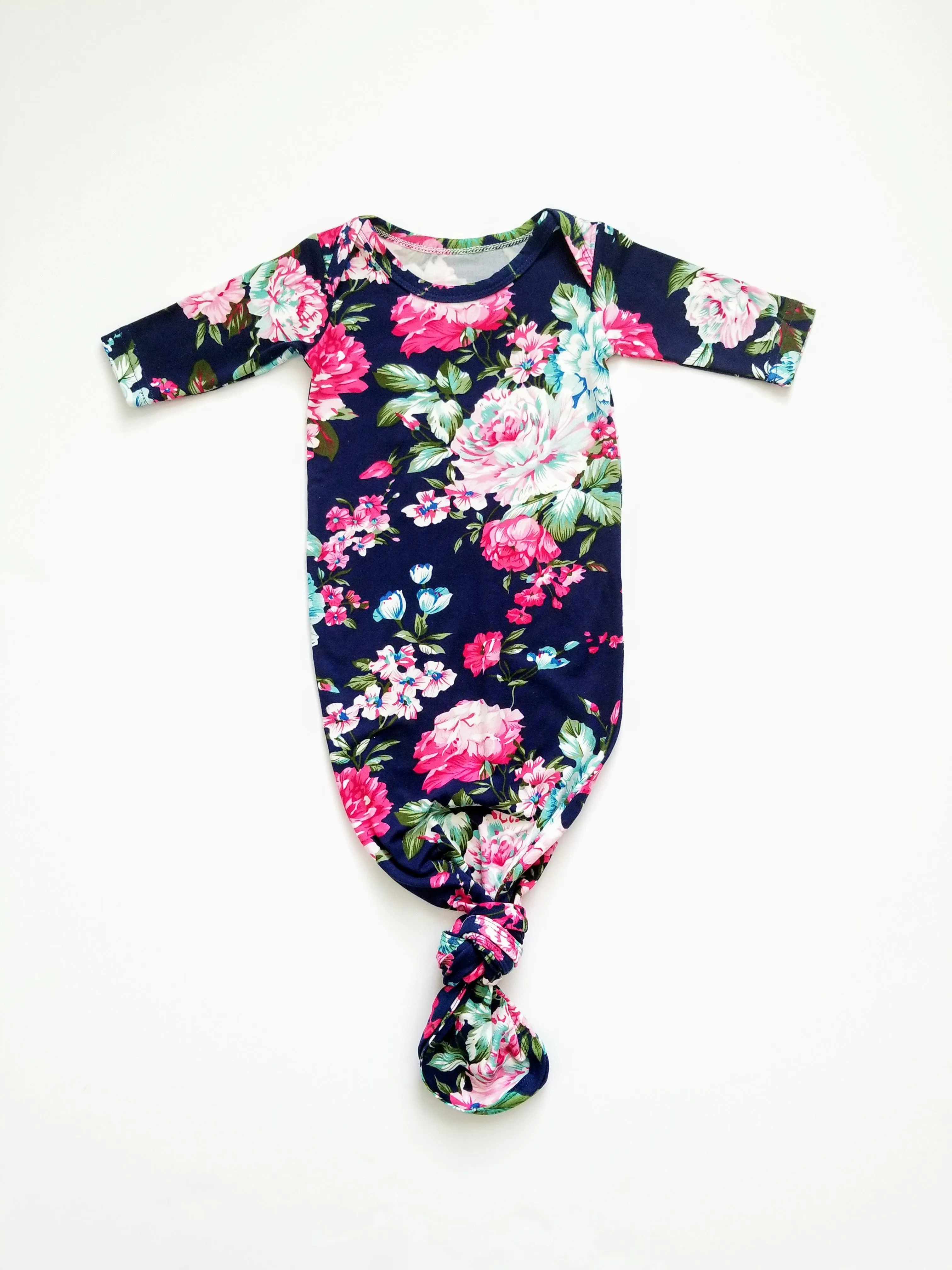 Navy Floral Newborn Knotted Gown Coming Home Outfit Girl