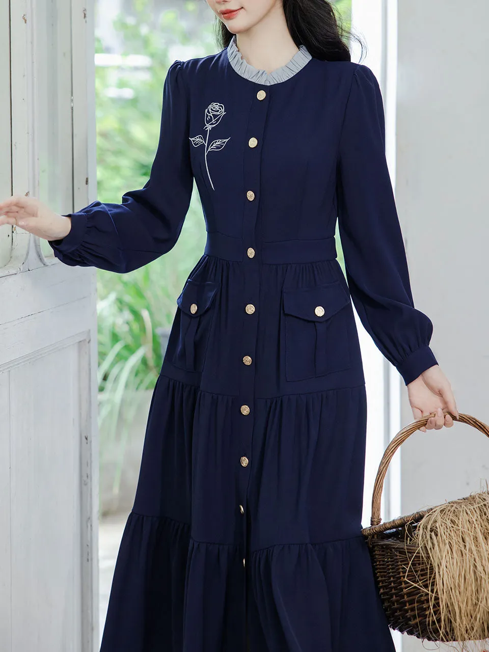 Navy Rose Artificial Embroidered Lace Collar Dress