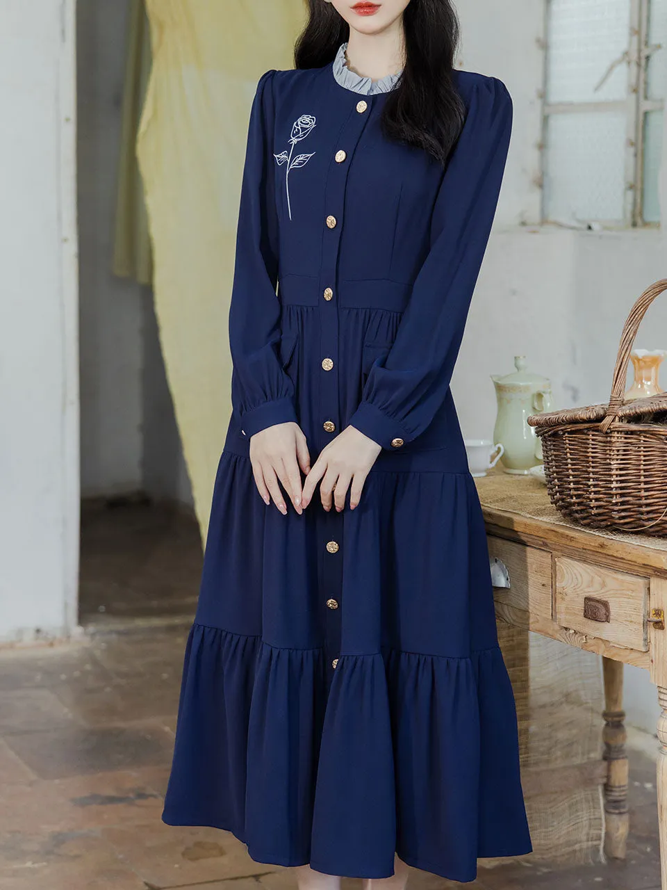 Navy Rose Artificial Embroidered Lace Collar Dress