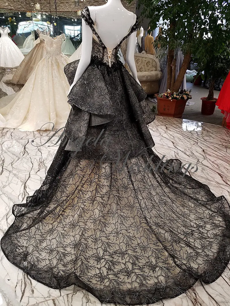 New Arrival 2018 Black Lace Evening Dresses with Cap Sleeves