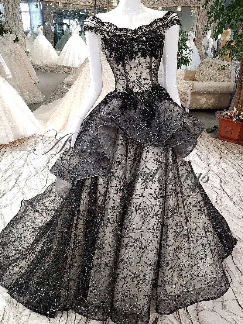 New Arrival 2018 Black Lace Evening Dresses with Cap Sleeves