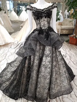 New Arrival 2018 Black Lace Evening Dresses with Cap Sleeves