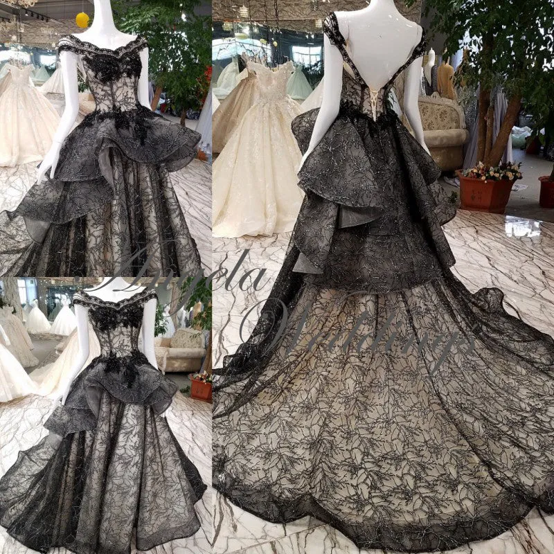 New Arrival 2018 Black Lace Evening Dresses with Cap Sleeves