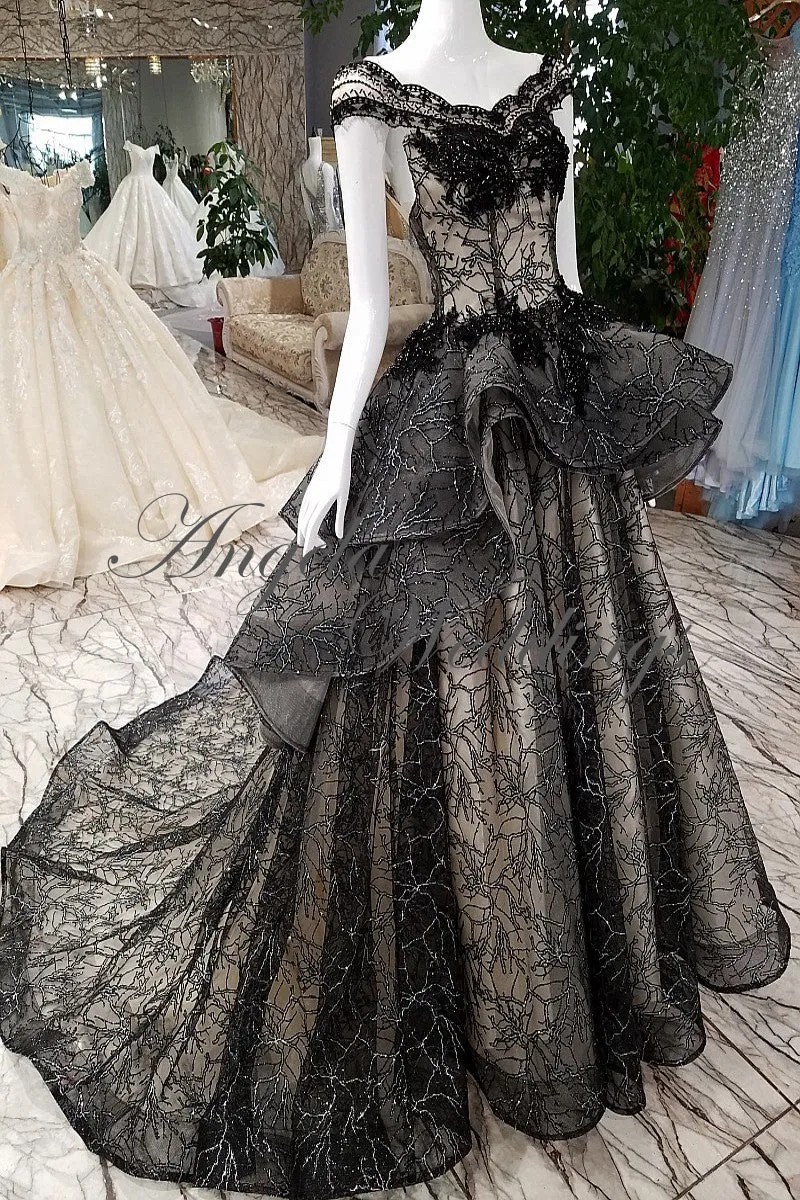 New Arrival 2018 Black Lace Evening Dresses with Cap Sleeves