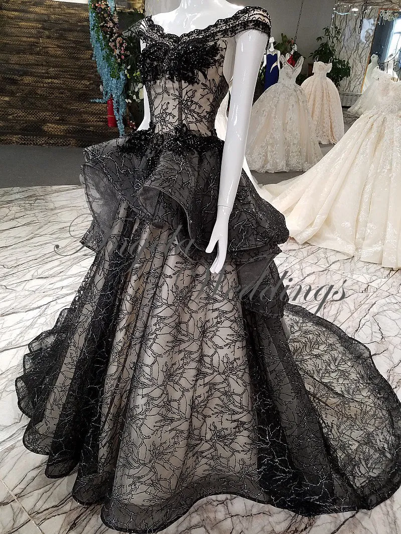 New Arrival 2018 Black Lace Evening Dresses with Cap Sleeves