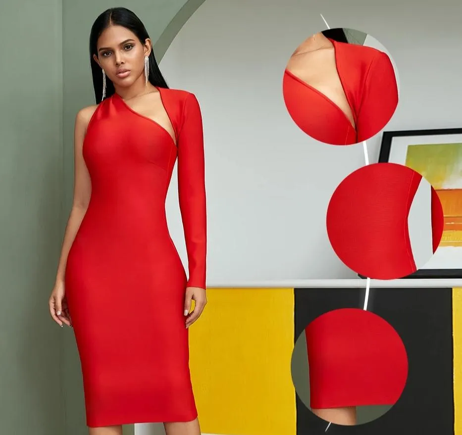New Autumn Red One Shoulder Long Sleeve Bandage Dress Women Sexy Hollow Out Club Maxi Celebrity Runway Party Dress Vestido