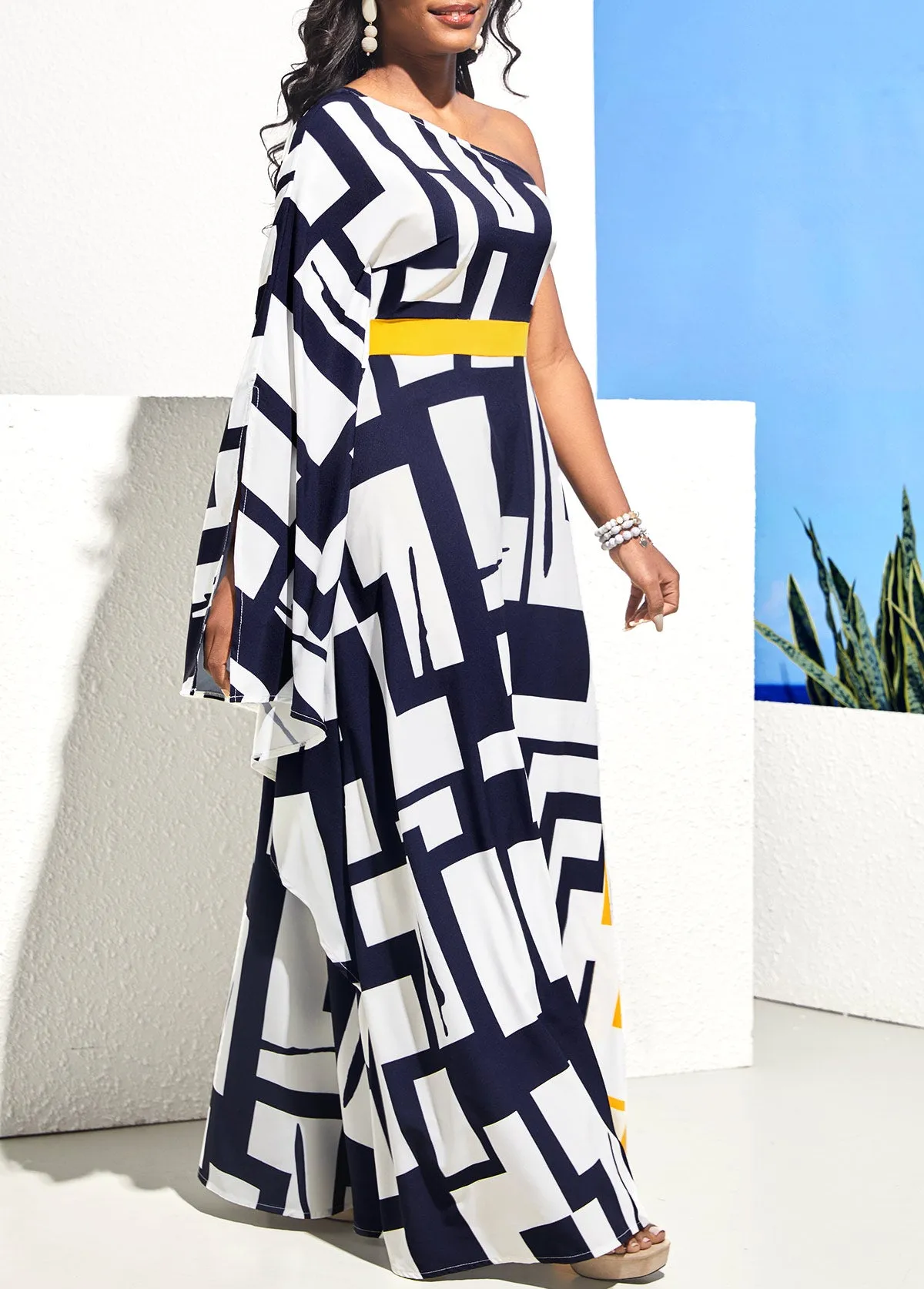 New MODLILY DESIGN Geometric Print One Shoulder Navy Blue Maxi Dress Sz M! Retails $94 