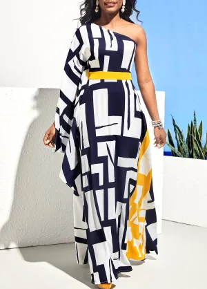 New MODLILY DESIGN Geometric Print One Shoulder Navy Blue Maxi Dress Sz M! Retails $94 