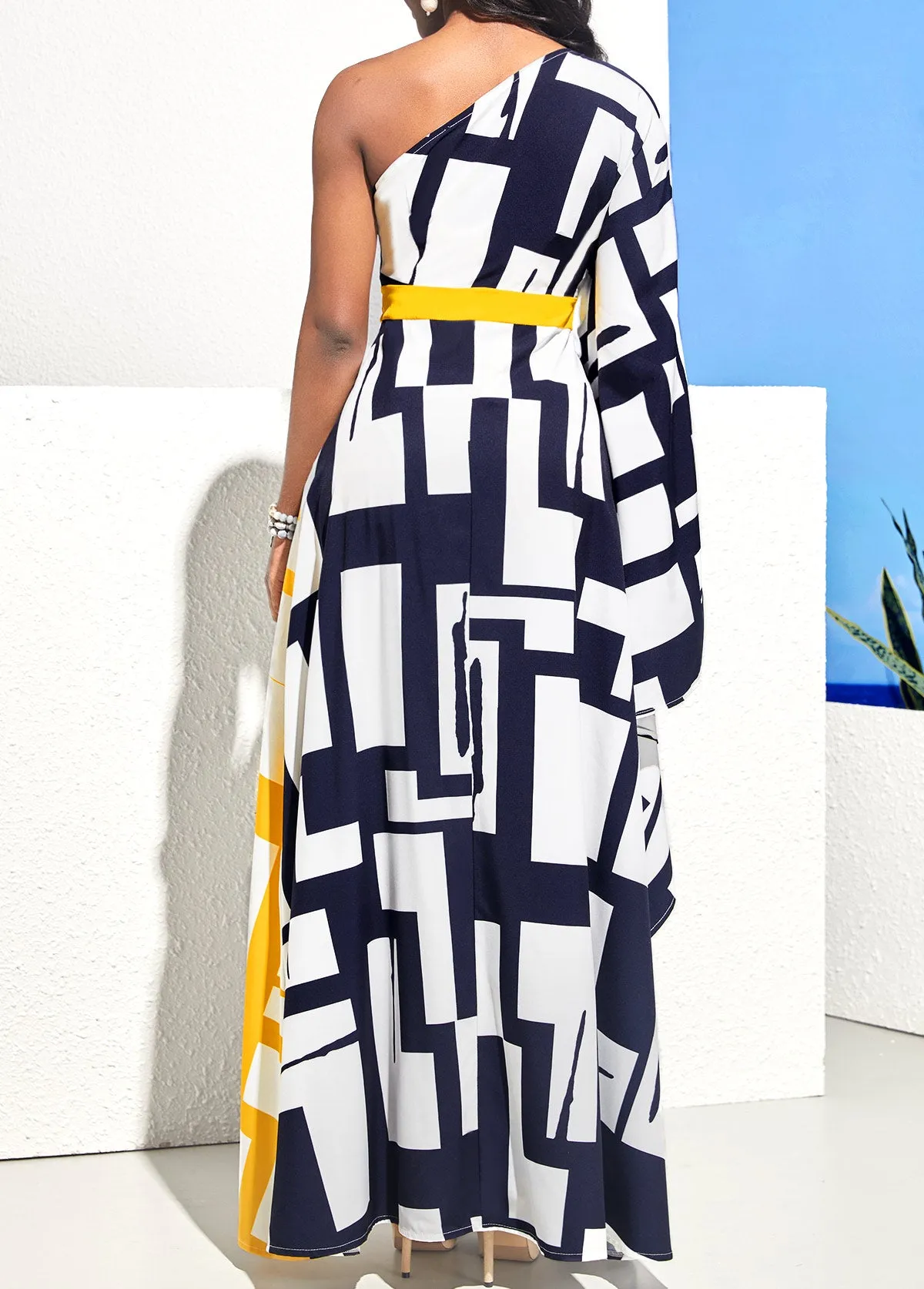 New MODLILY DESIGN Geometric Print One Shoulder Navy Blue Maxi Dress Sz M! Retails $94 