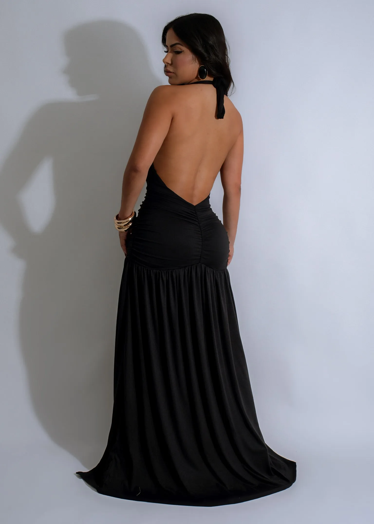 Nocturnal Flow Ruched Maxi Dress Black