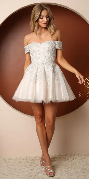 Nox Anabel H772 Off Shoulder Embroidered Bodice Short A-Line Dress