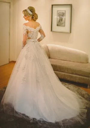 Off Shoulder Court Lace Tulle Long Sleeve Ball Gown Wedding Dress
