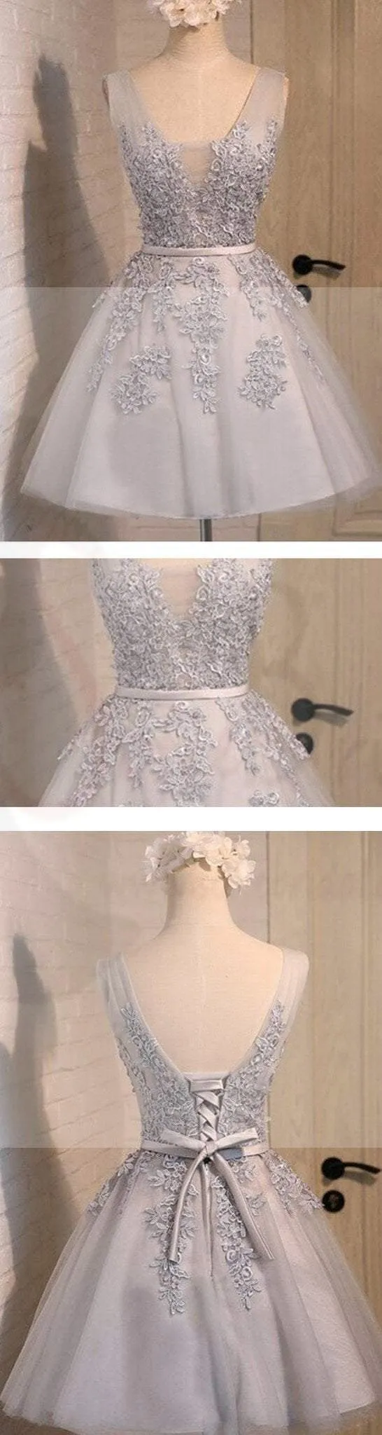 Off shoulder Grey lace Cute Tulle homecoming prom dresses, CM0023