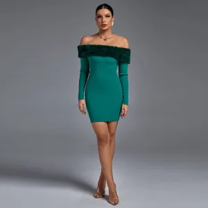 Off Shoulder Long Sleeve Hairy Mini Bandage Dress