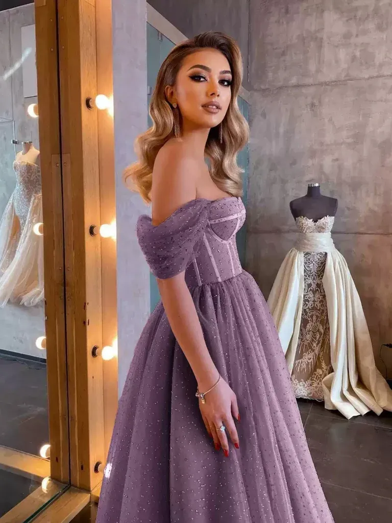 Off Shoulder Purple Beaded Tea Length Prom Dresses,Off the Shoulder Purple Beaded Tea Length Formal  Evening Graduation Dresses