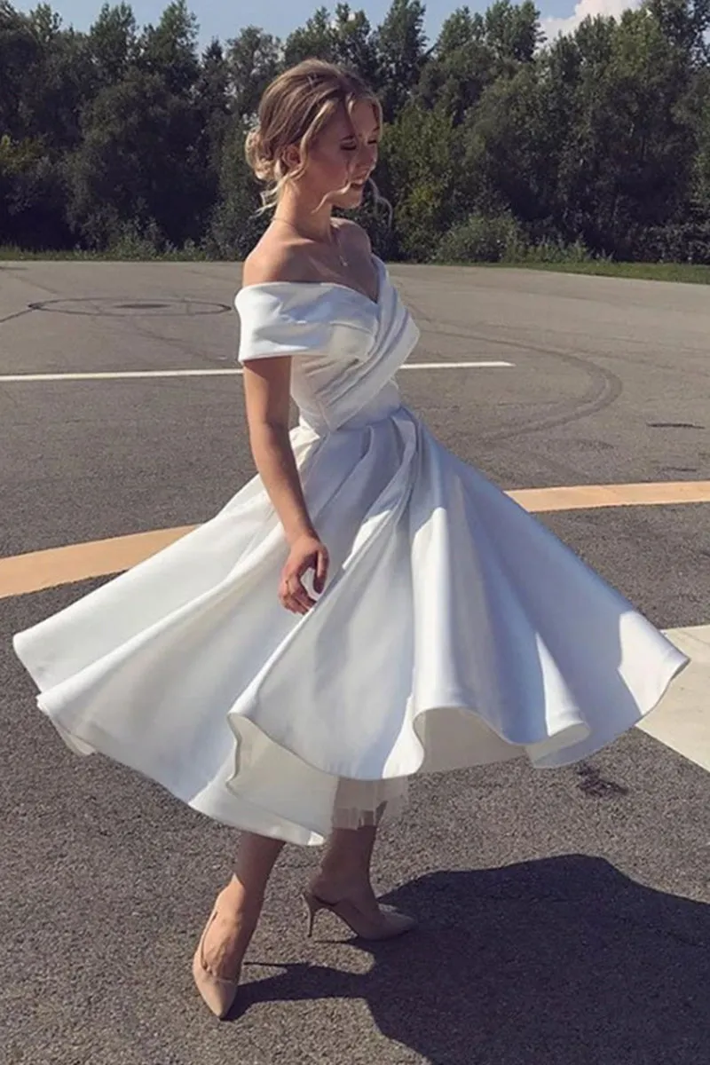 Off Shoulder White Satin Tea Length Prom Dress, Short White Formal Graduation Homecoming Dress