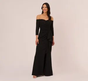 Off The Shoulder Cascading Ruffle Gown In Black