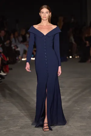 Off the Shoulder Textured Crepe Gown with Button Front Detail