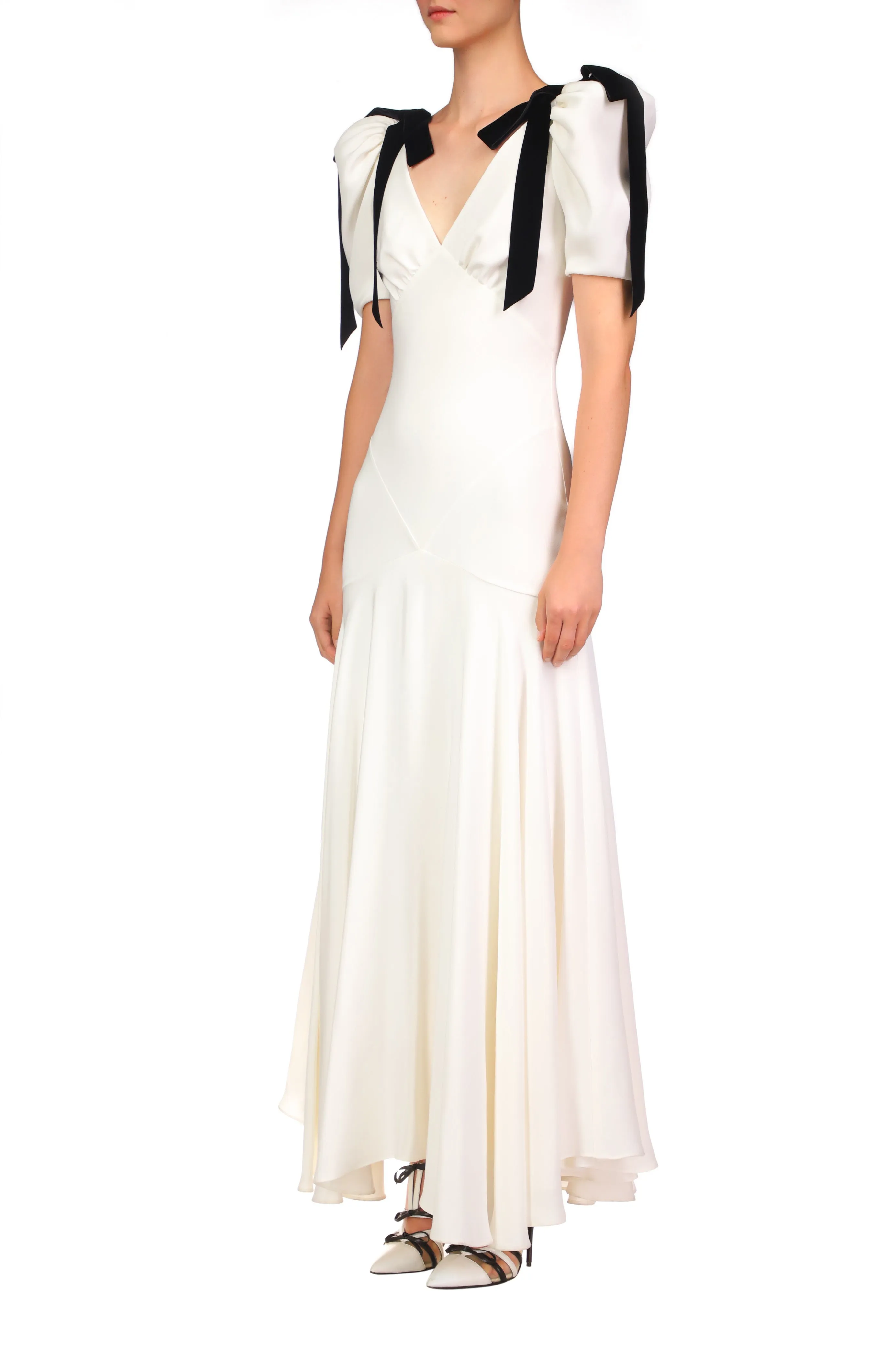 Off White Silk Crepe Bias Dress With Velvet Ribbon Bow Details