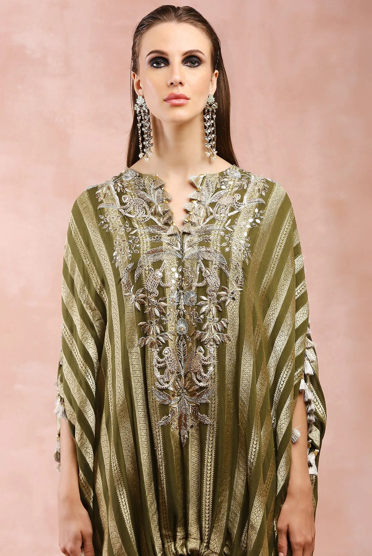 OLIVE EMBROIDERED HIGH LOW KAFTAN WITH JOGGER PANT