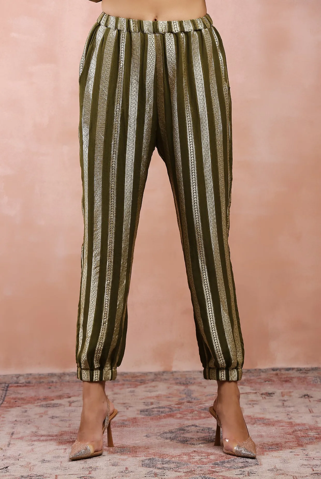 OLIVE EMBROIDERED HIGH LOW KAFTAN WITH JOGGER PANT