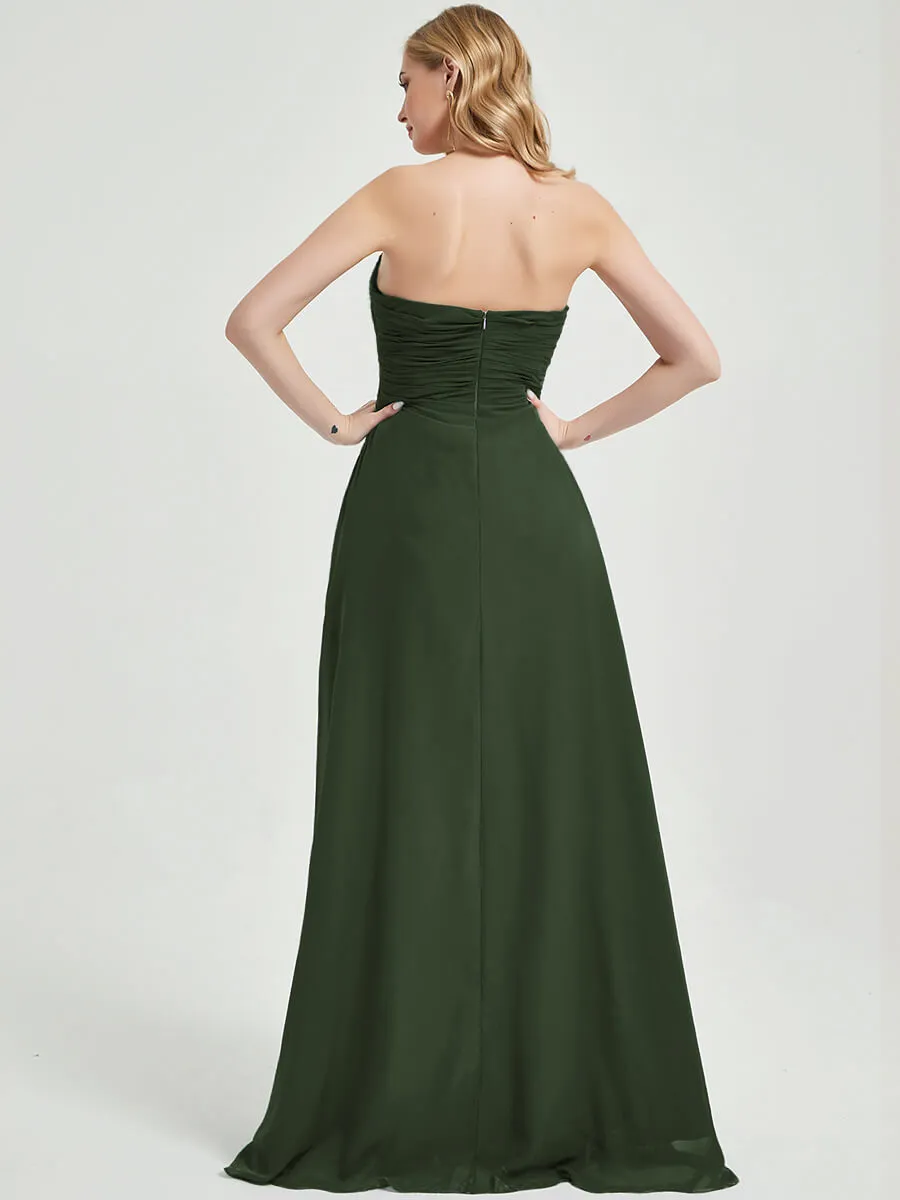 Olive Strapless Floor-Length Empire Chiffon Bridesmaid Dress with Slit