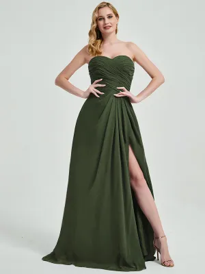 Olive Strapless Floor-Length Empire Chiffon Bridesmaid Dress with Slit