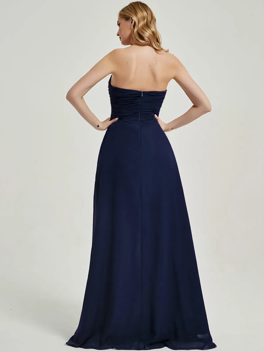 Olive Strapless Floor-Length Empire Chiffon Bridesmaid Dress with Slit