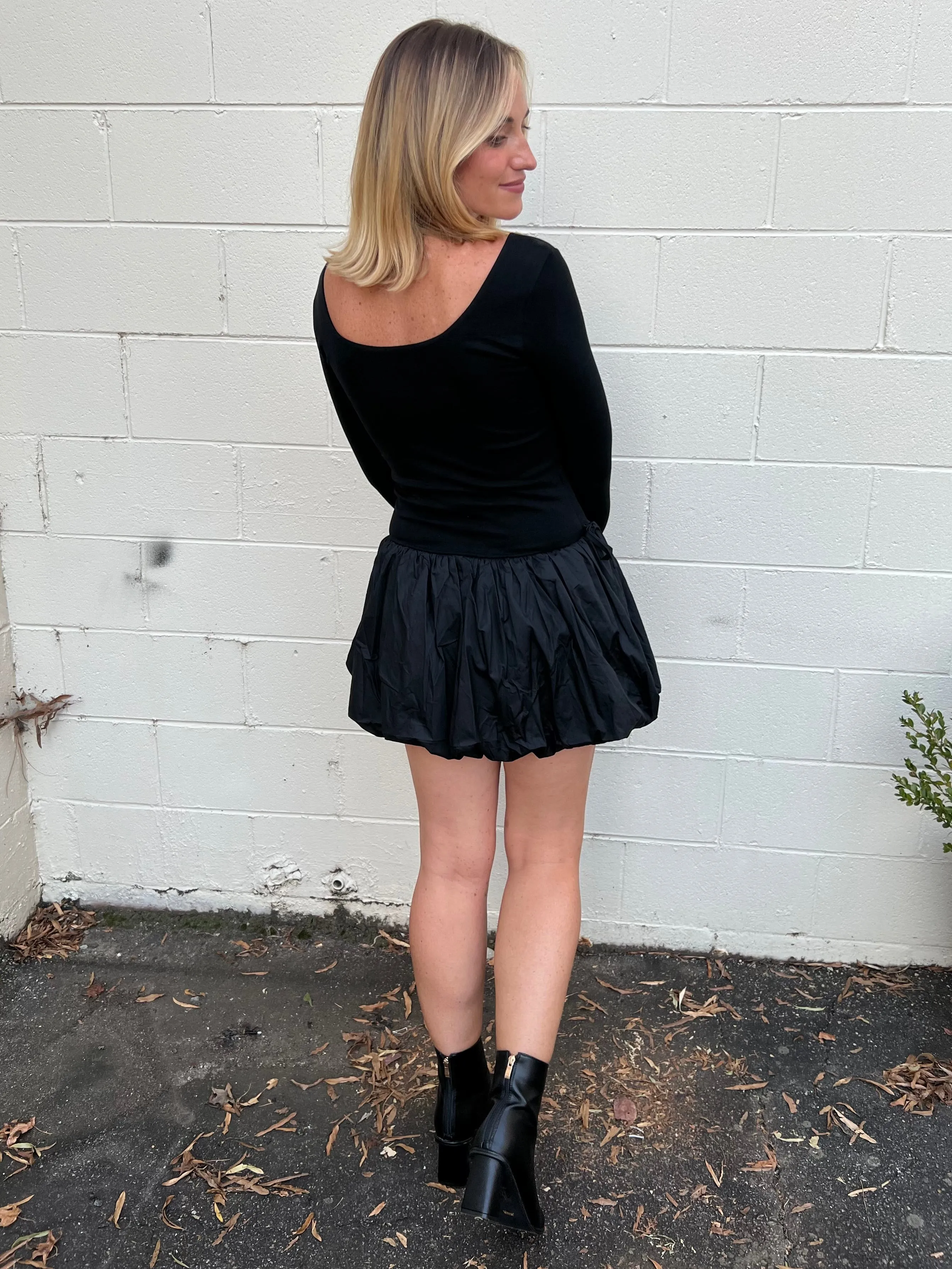 On Point Long Sleeve Bubble Hem Mini Dress