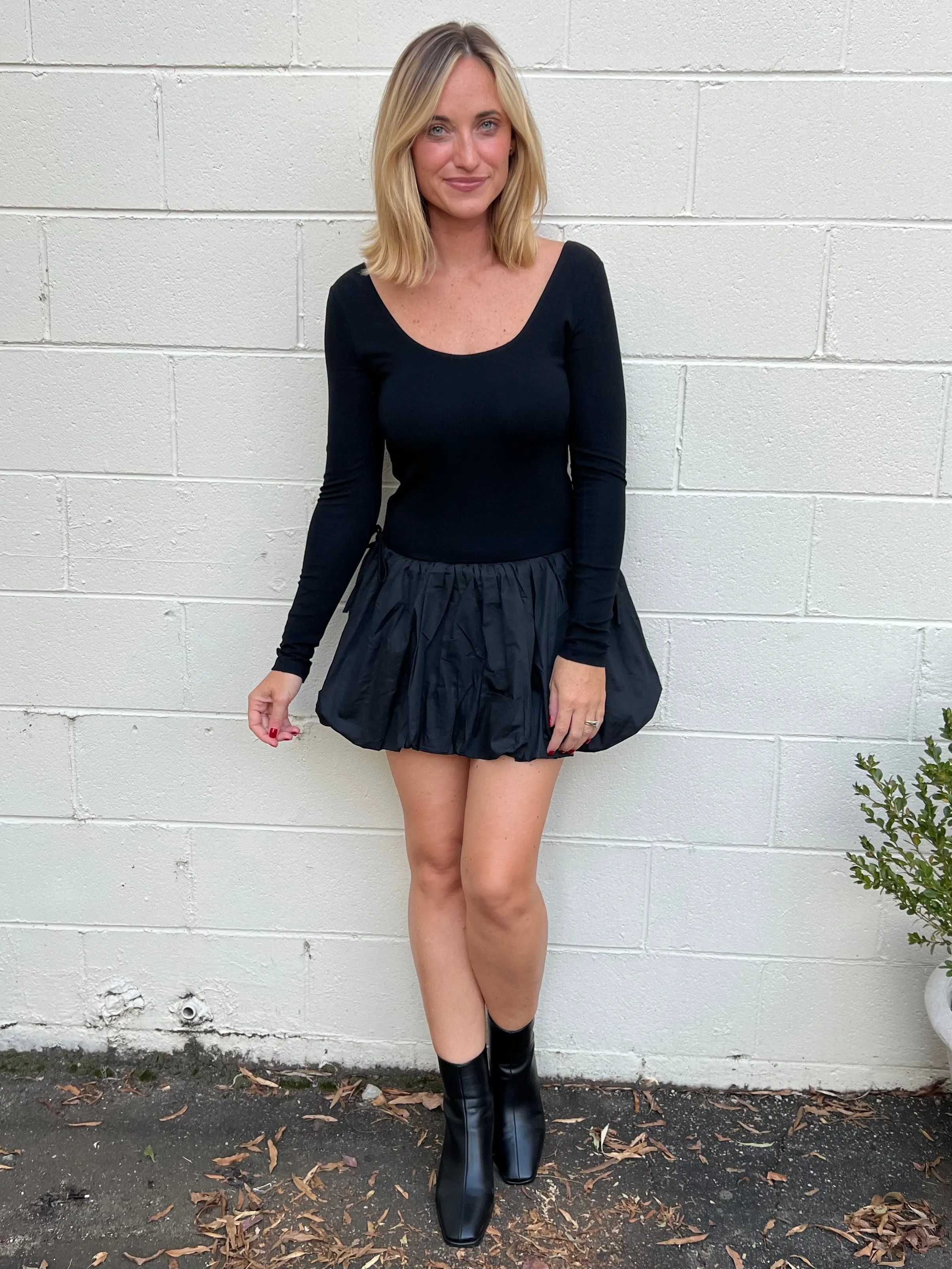 On Point Long Sleeve Bubble Hem Mini Dress