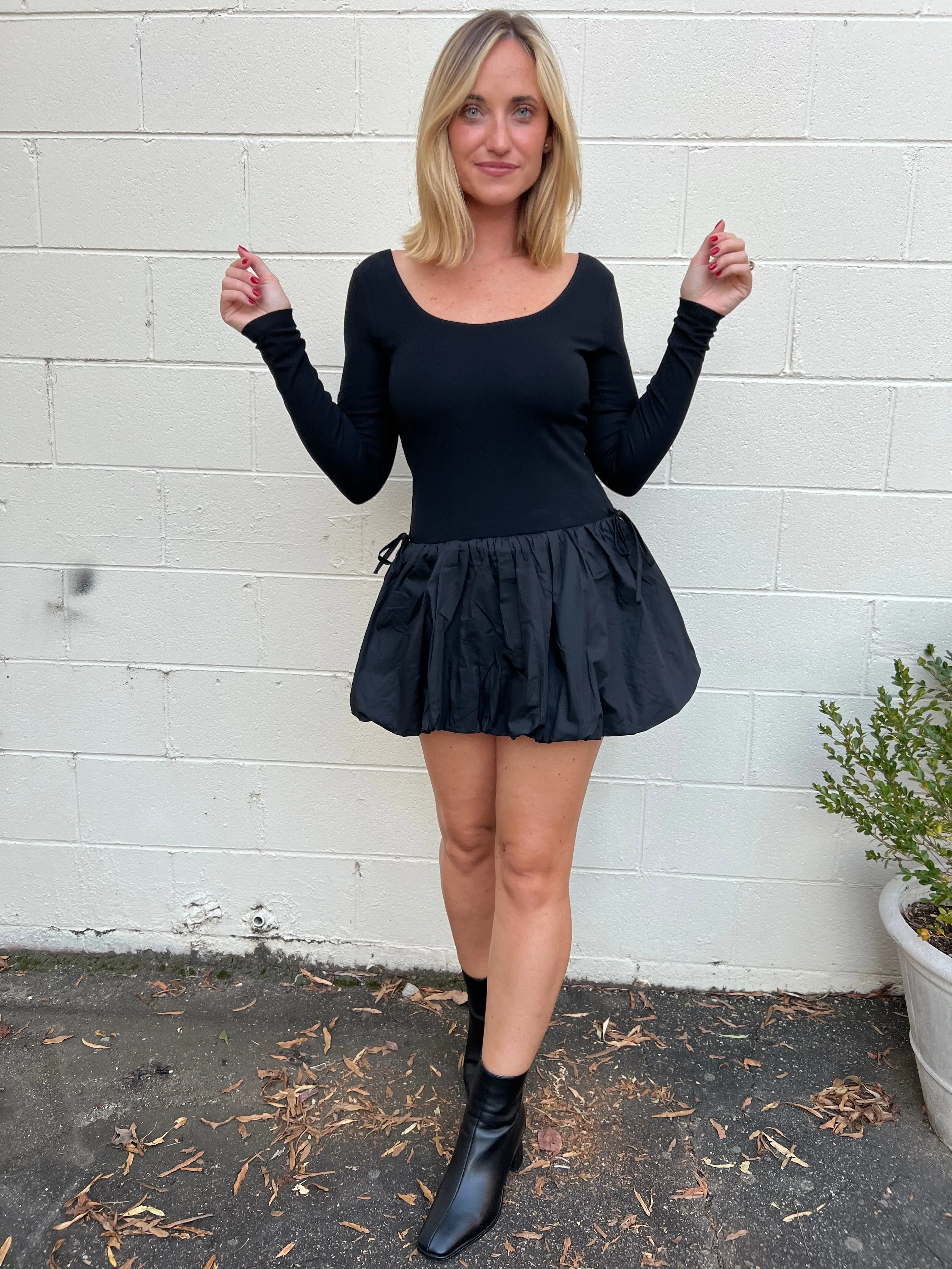 On Point Long Sleeve Bubble Hem Mini Dress