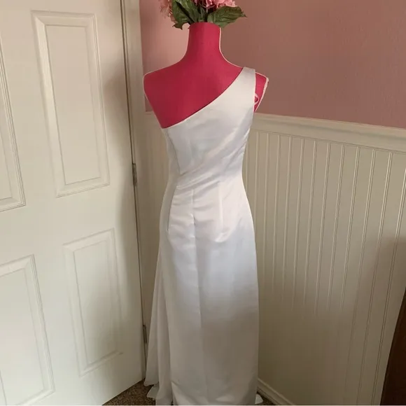 One Shoulder Jessica McClintock Ivory Wedding Gown with Silver Embroidery