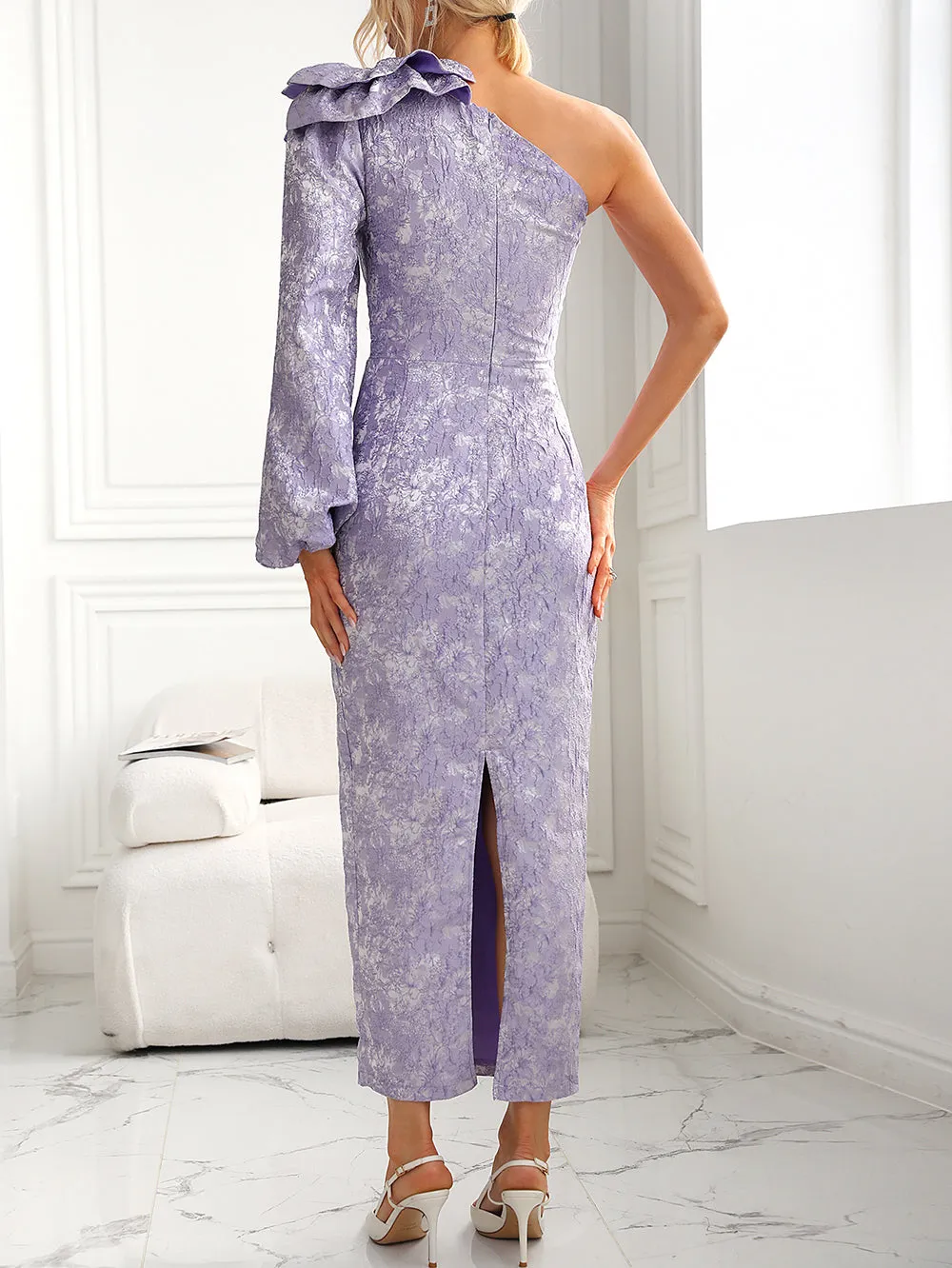 One Shoulder Long Sleeve Jacquard Midi Bodycon Dress HB10069