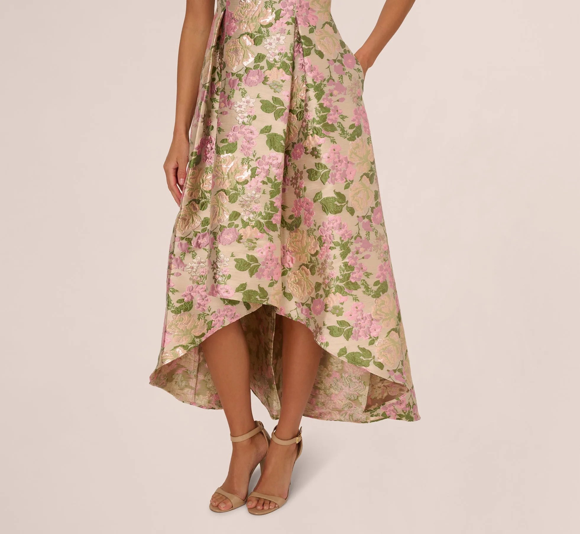 One Shoulder Metallic Floral Jacquard High Low Gown In Pink Green Multi