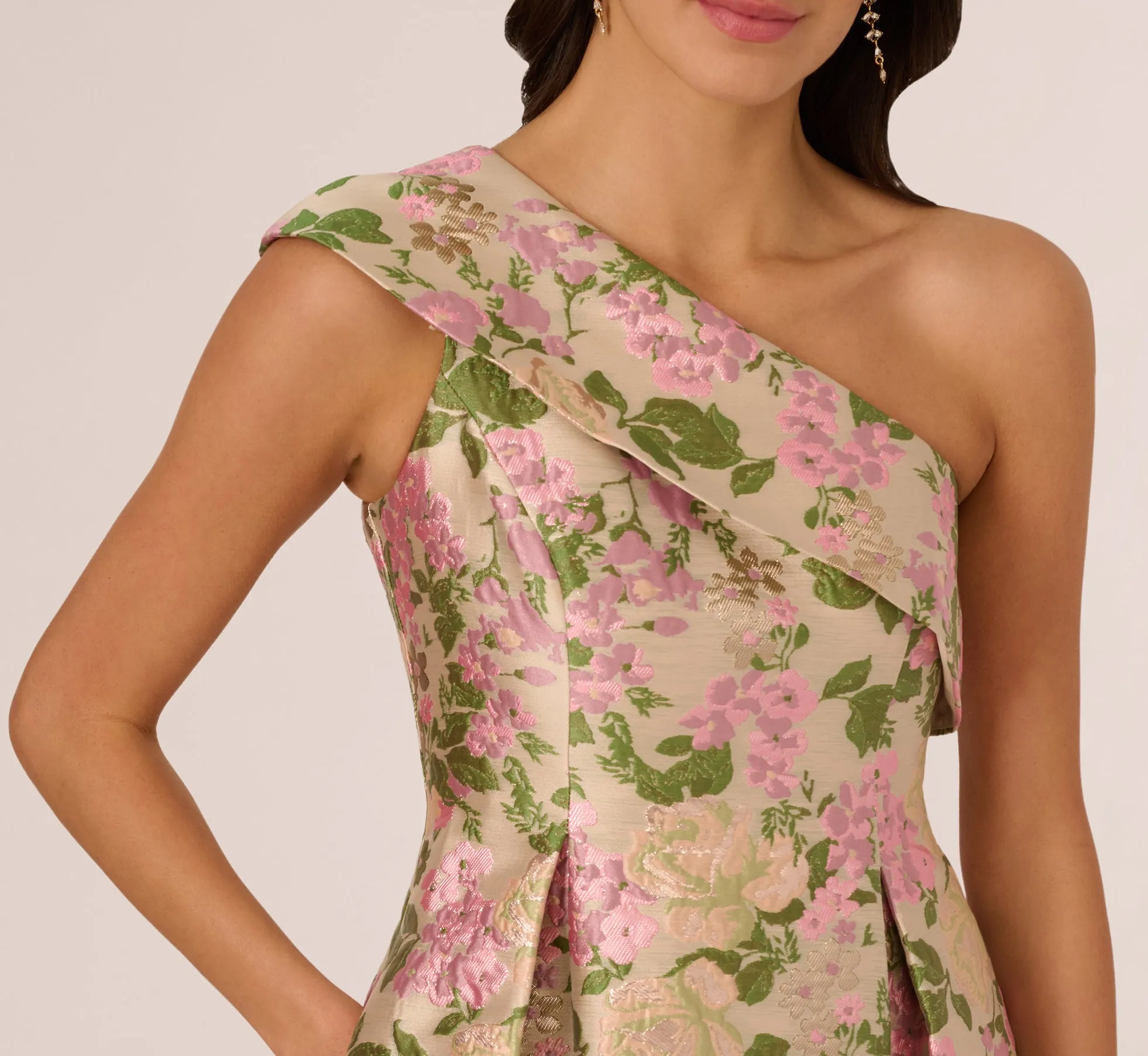 One Shoulder Metallic Floral Jacquard High Low Gown In Pink Green Multi