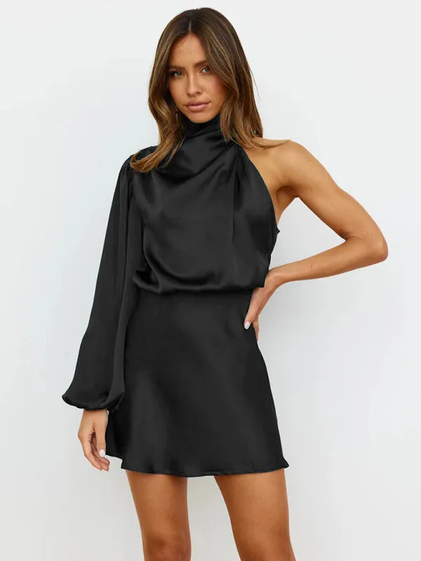 One-Shoulder Mini Dress with Long Sleeve and High Neck