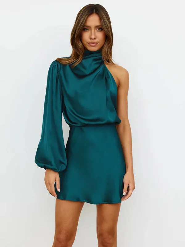 One-Shoulder Mini Dress with Long Sleeve and High Neck