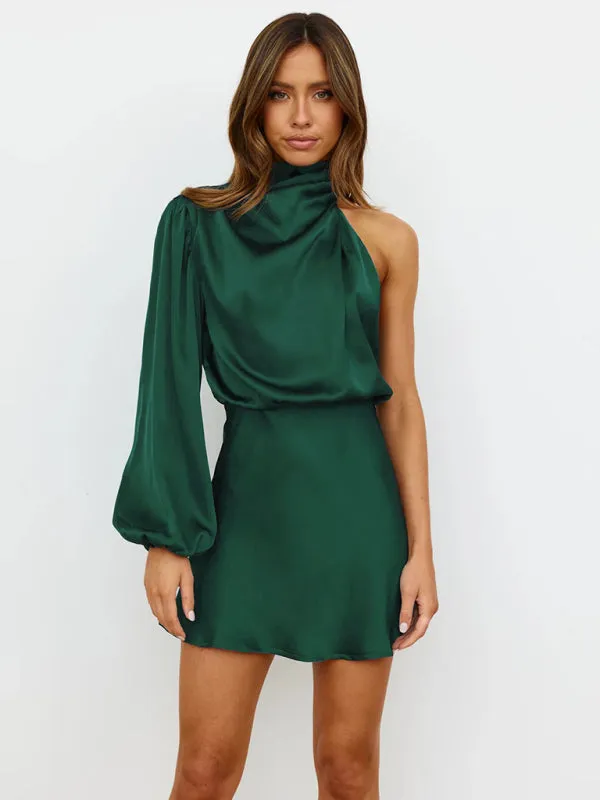 One-Shoulder Mini Dress with Long Sleeve and High Neck