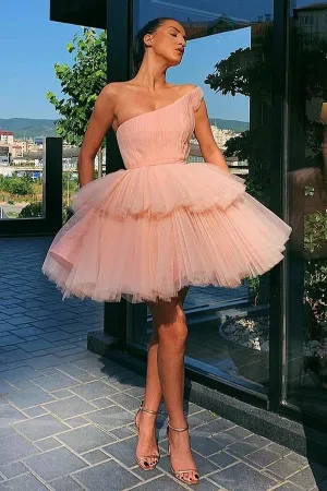 One-shoulder Pink Tulle Cocktail Dresses with Layers Skirt