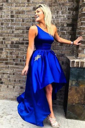 One-shoulder Royal Blue Prom Dress Satin High Low Skirt