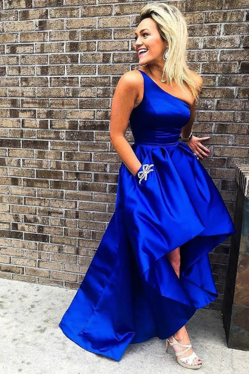 One-shoulder Royal Blue Prom Dress Satin High Low Skirt