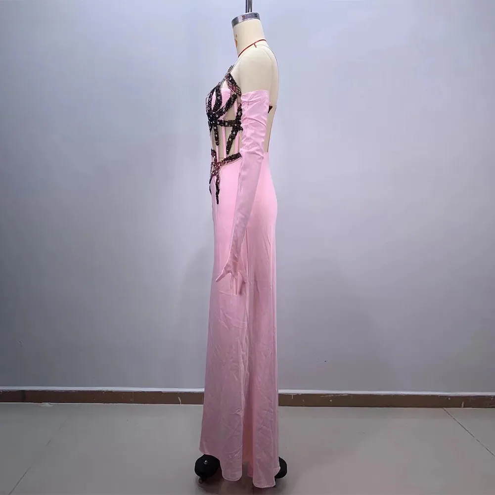 One Shoulder Sleeveless Hollow Out Maxi Bodycon Dress HT977