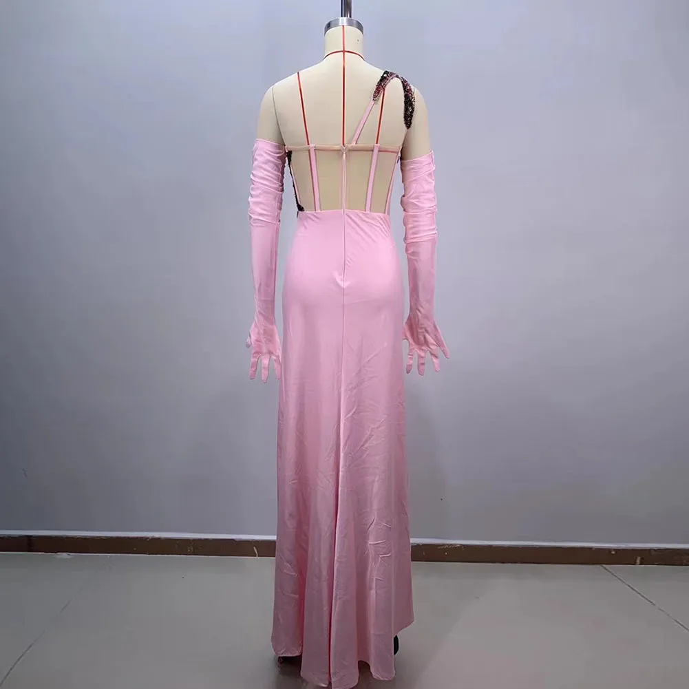 One Shoulder Sleeveless Hollow Out Maxi Bodycon Dress HT977