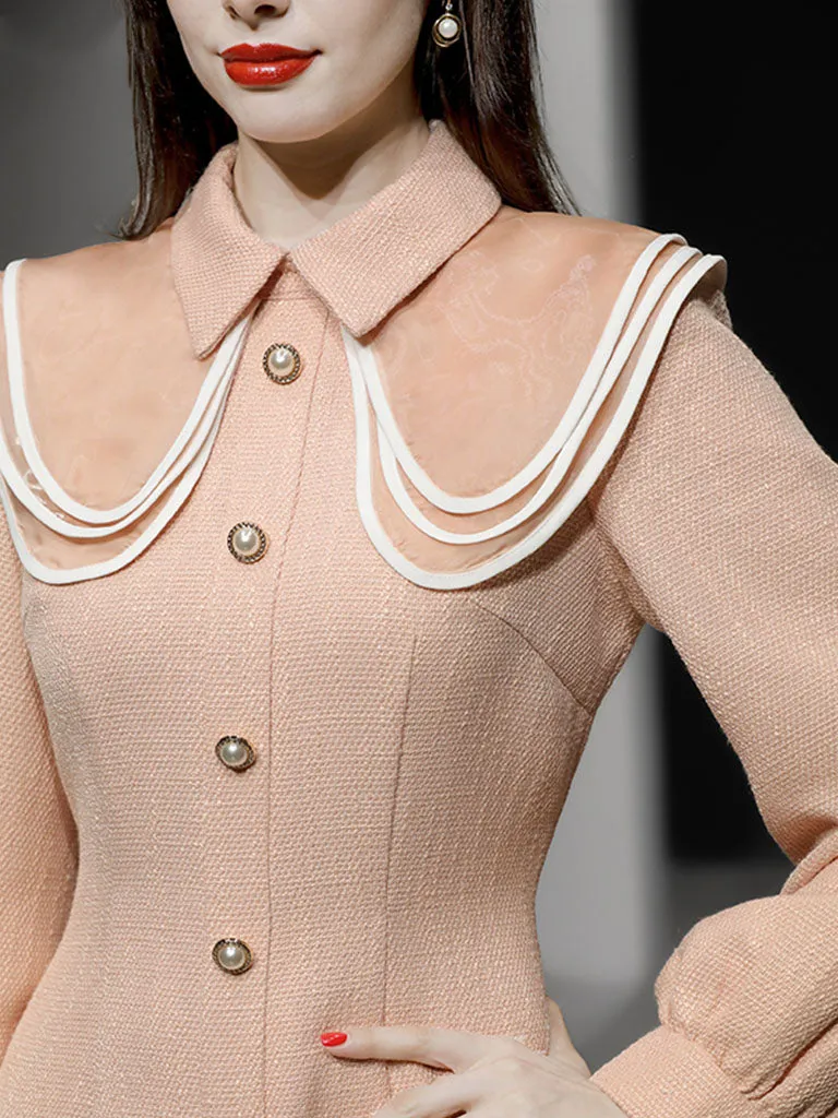 Orange Pink Peter Pan Collar Retro Swing Tweed Dress With Long Sleeve For Winter