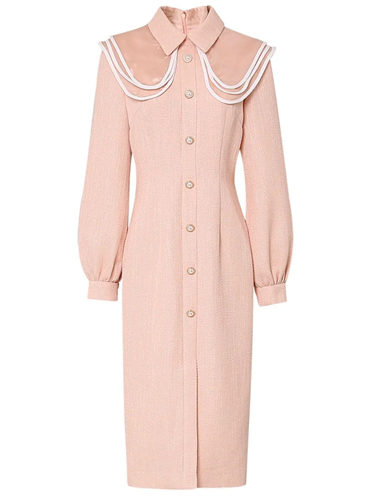 Orange Pink Peter Pan Collar Retro Swing Tweed Dress With Long Sleeve For Winter