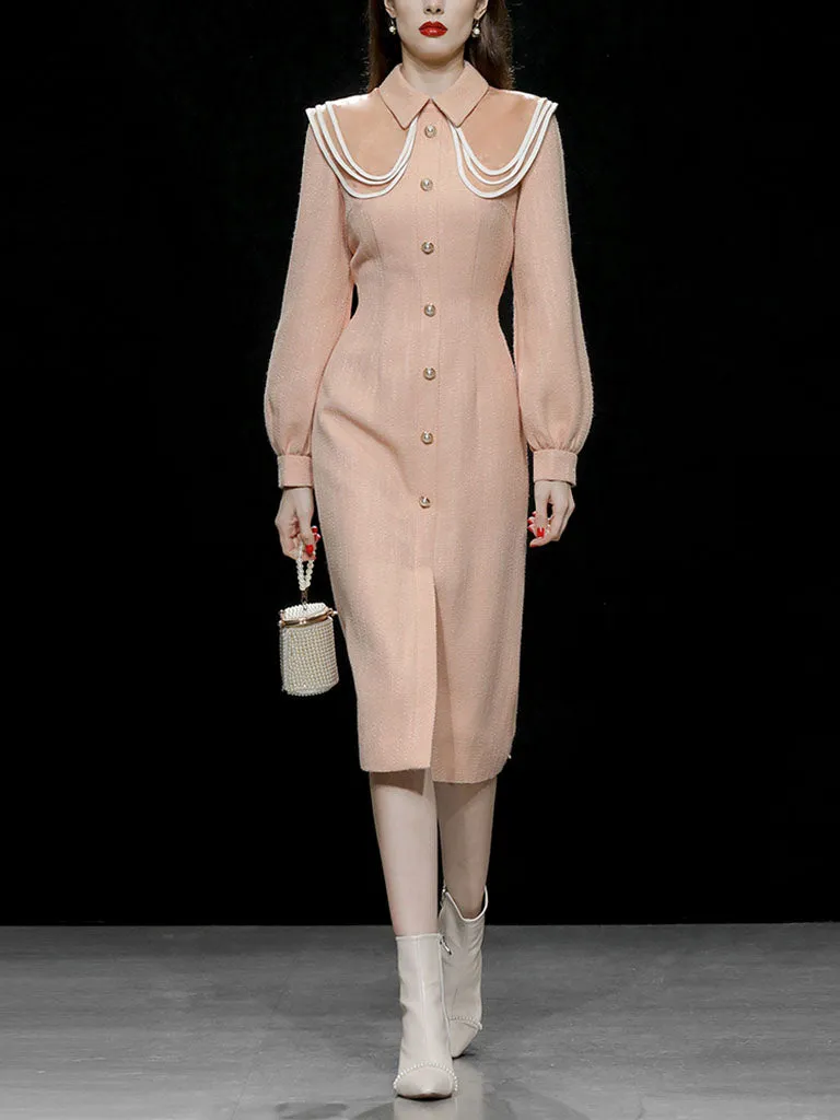 Orange Pink Peter Pan Collar Retro Swing Tweed Dress With Long Sleeve For Winter