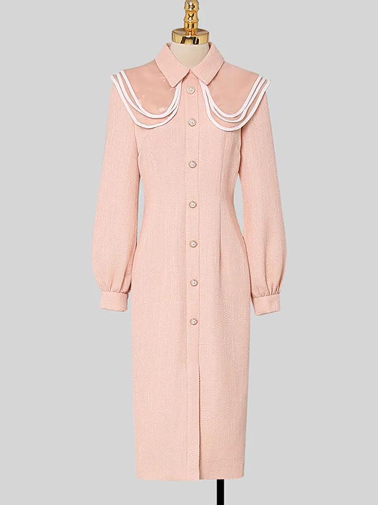 Orange Pink Peter Pan Collar Retro Swing Tweed Dress With Long Sleeve For Winter