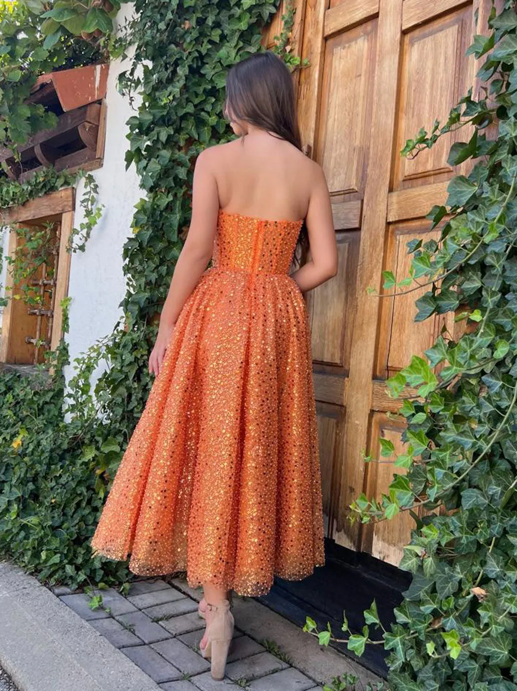 Orange Sweetheart Neck Sequin Tea Length Prom Dress, Sequin Formal Evening Dress