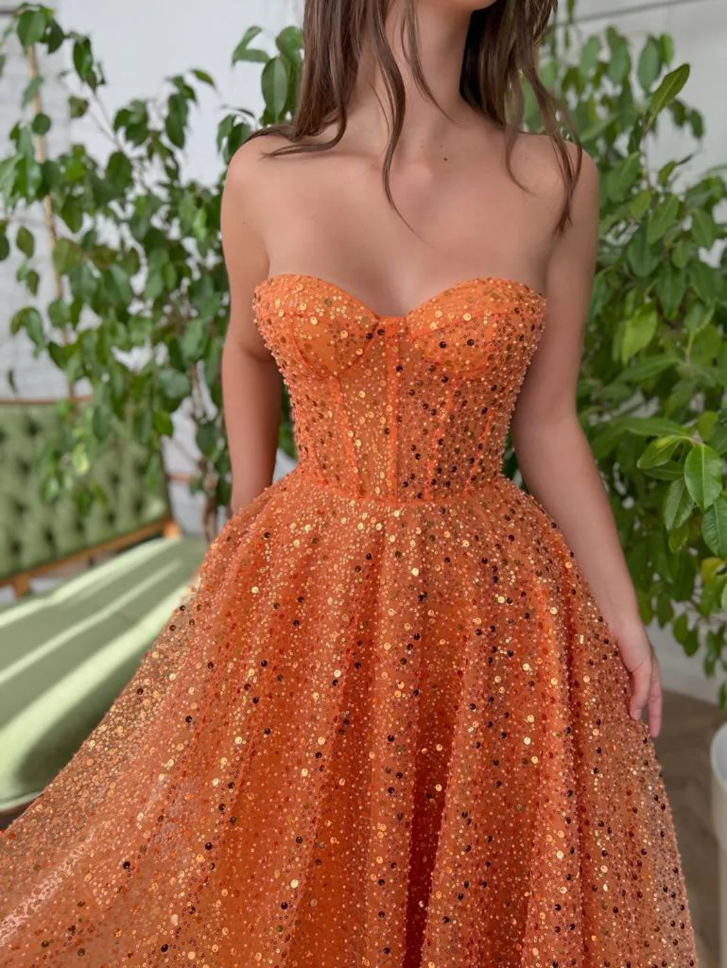 Orange Sweetheart Neck Sequin Tea Length Prom Dress, Sequin Formal Evening Dress